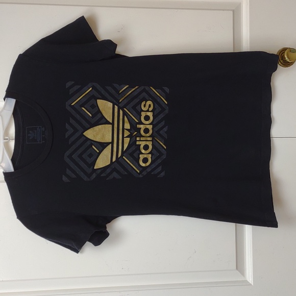 Adidas Women's Black SS Graphic Tee Grey & Gold Shimmer Adidas SpellOut Trefoil - Picture 2 of 5